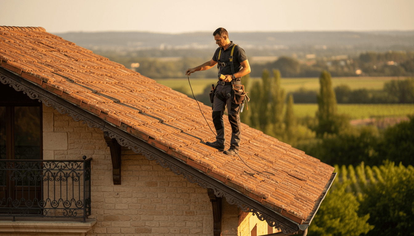 Couvreur professionnel inspectant une toiture bordelaise en fin d'après-midi