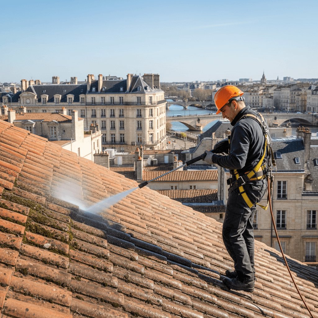 Technician cleaning a roof with high-pressure water in Bordeaux