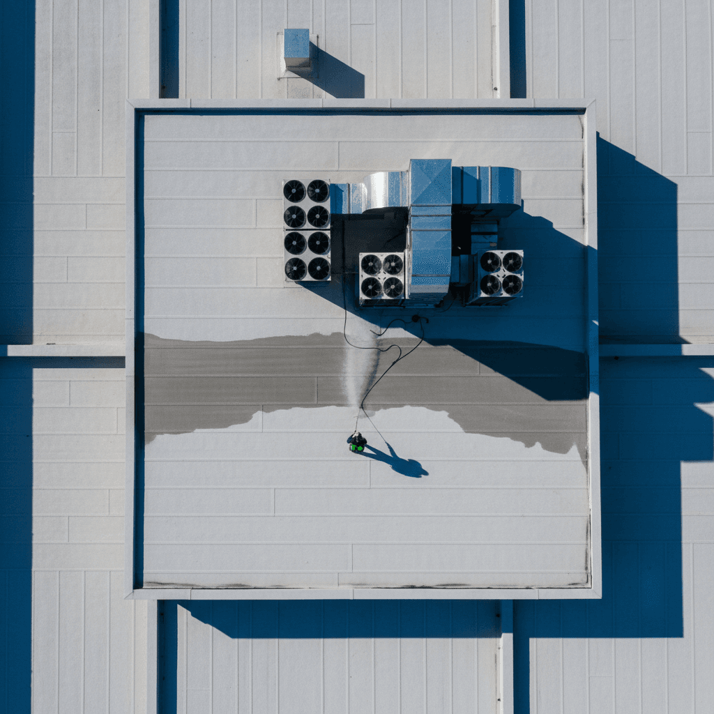 Application d’un traitement hydrofuge sur une toiture-terrasse commerciale.