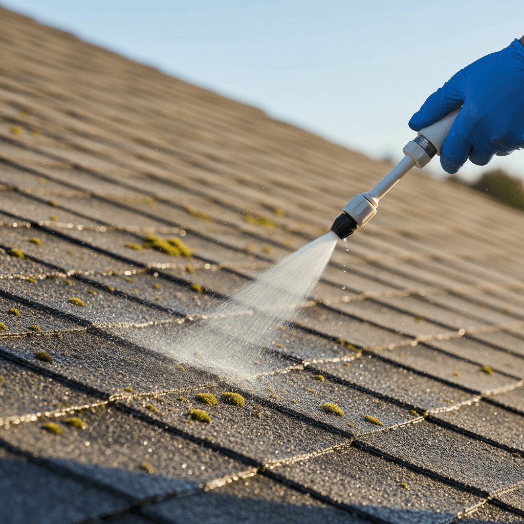 Élimination minutieuse de la mousse sur tuiles de toiture