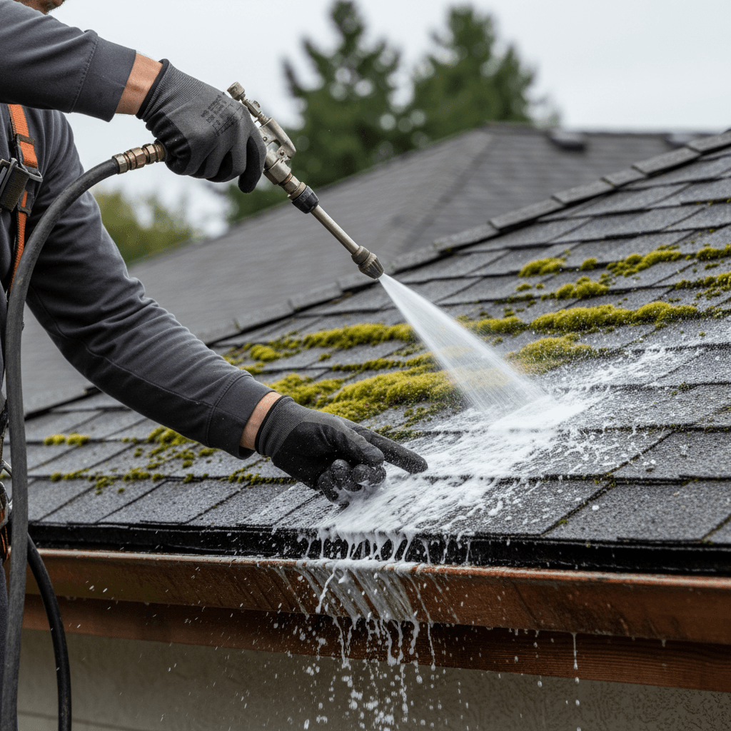 Technician's hands using soft washing nozzle to carefully clean moss and mildew from residential roof shingles and wood trim