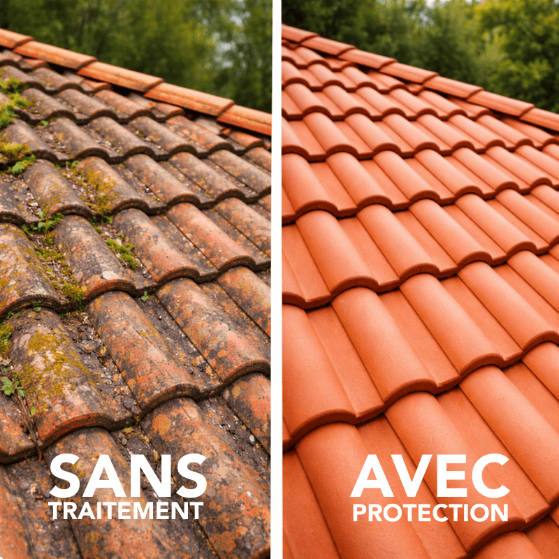 Toiture en tuiles rouges avant et après un traitement de nettoyage et de protection.