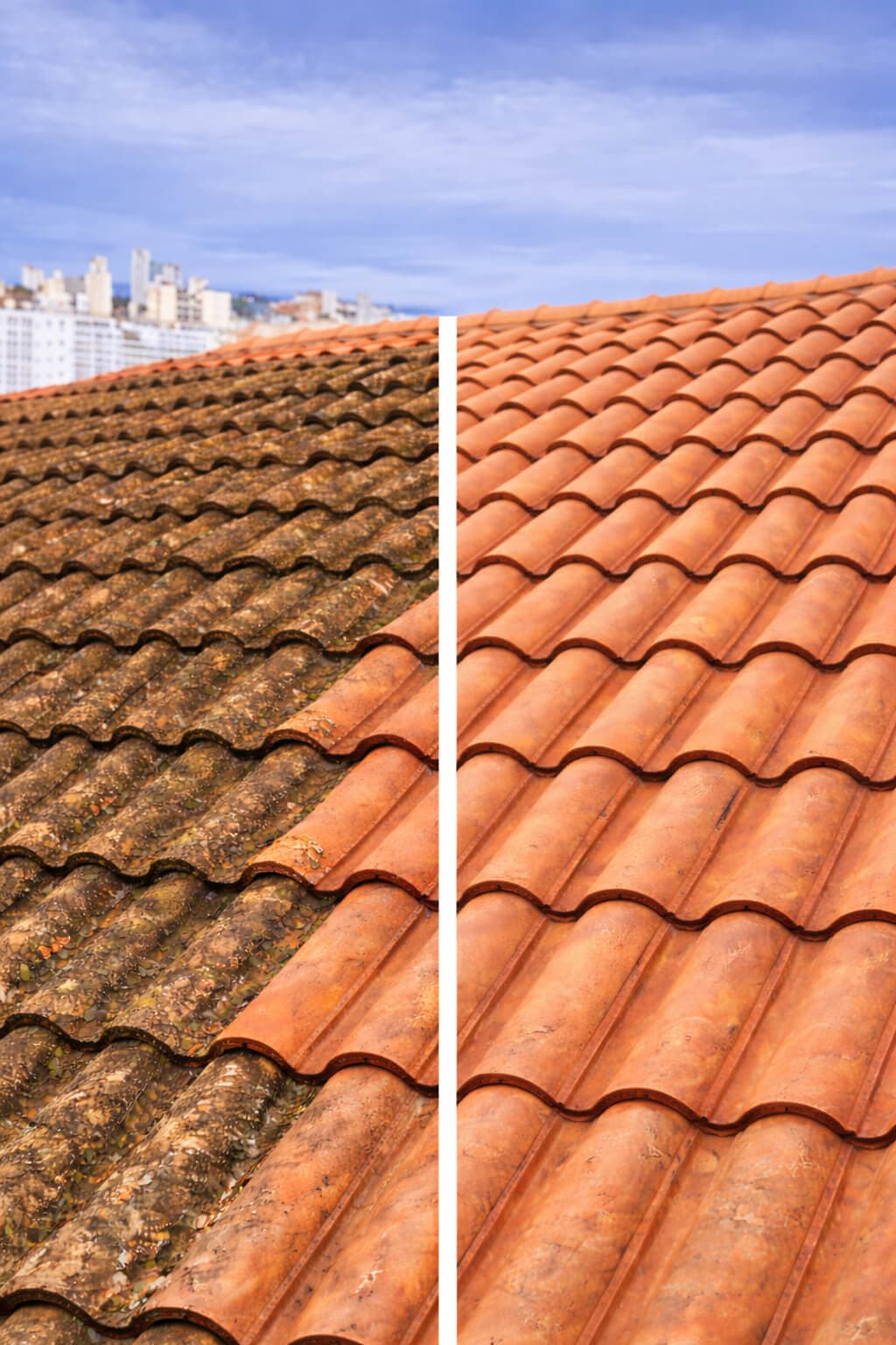 Comparaison avant et après le nettoyage de tuiles de toit en terre cuite.